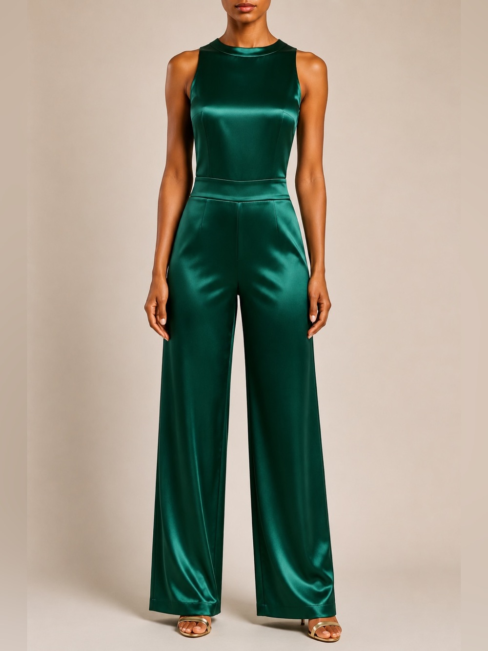 Sleeveless Emerald Green Satin Tailored Formal Jumpsuit Wide Leg Women’s Medium